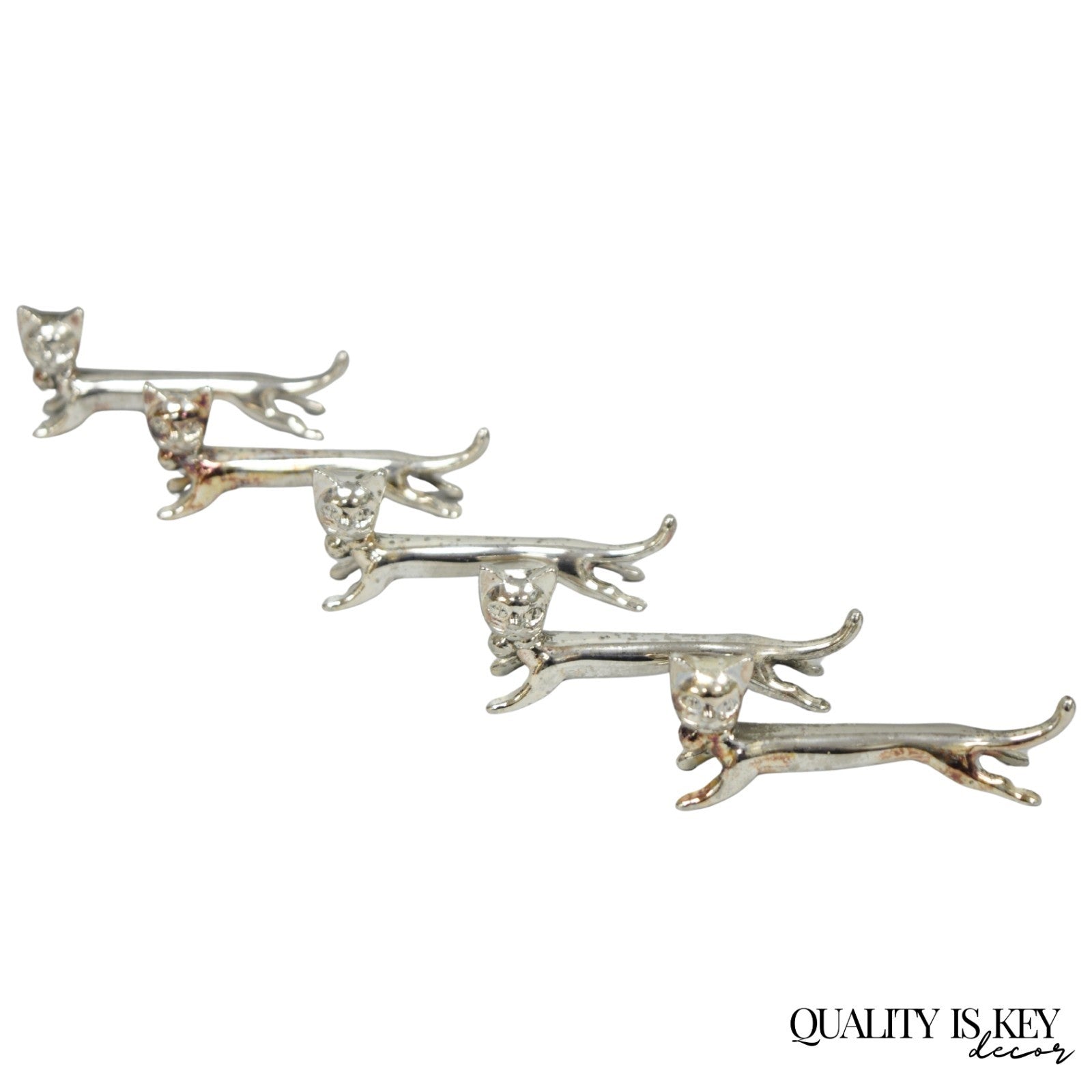 Vintage Art Deco Small Silver Plated Metal Figural Cat Knife Rests - Set of 5