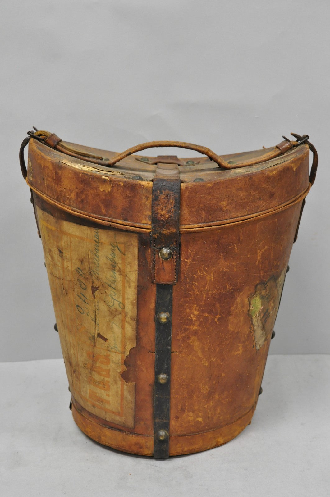 English Art Deco Brown Leather Travel Case Suitcase w/ Stickers & Beaver Top Hat