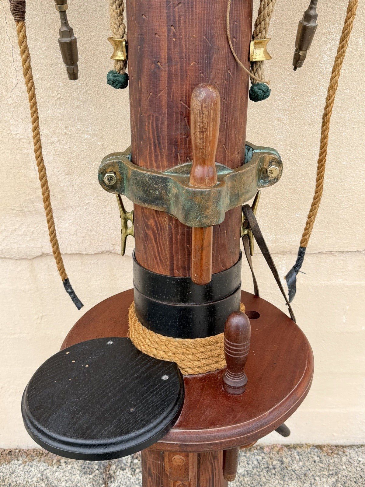 Vintage Custom Nautical Wood 95" Ship Mast Mancave Bar Island w Pulley & Ropes
