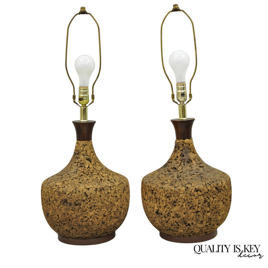 Vintage Mid Century Modern Bulbous Cork & Wood Sculptural Table Lamps - a Pair