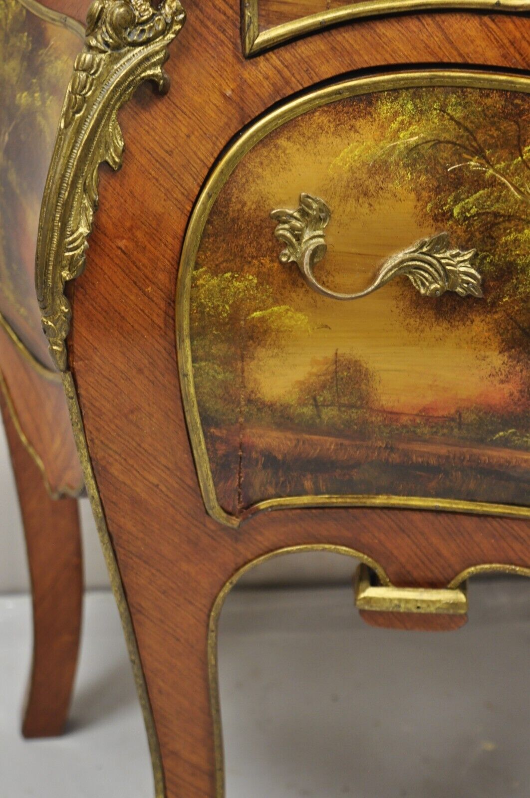 Vintage French Louis XV Style Marble Top Bombe Hand Painted Commode Chest