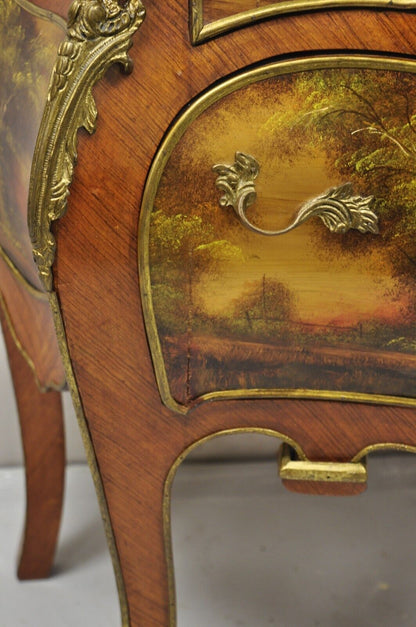 Vintage French Louis XV Style Marble Top Bombe Hand Painted Commode Chest