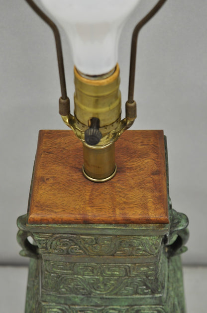 Vintage Oriental Verdigris Green Archaic Bronze Figural Chinese Table Lamp