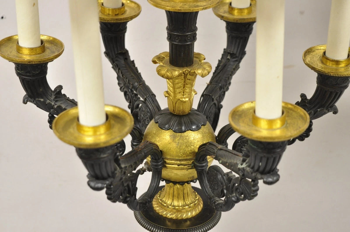 French Empire 68" Tall Bronze & Marble Lighted Candelabra Torchiere Floor Lamps