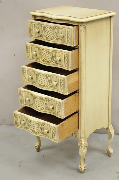 Vintage French Country Provincial Style Cream Painted 5 Drawer Chest Nightstand