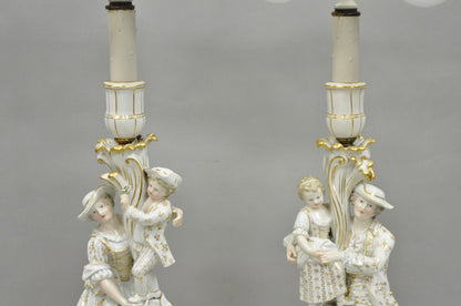 Antique Meissen Porcelain German Figural Lighted Candlestick Table Lamps - Pair