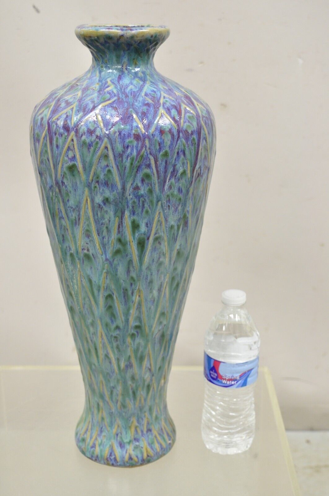 Mid Century Modern Ceramic Pottery Glazed Feather Pulled 20" Purple Blue Vase