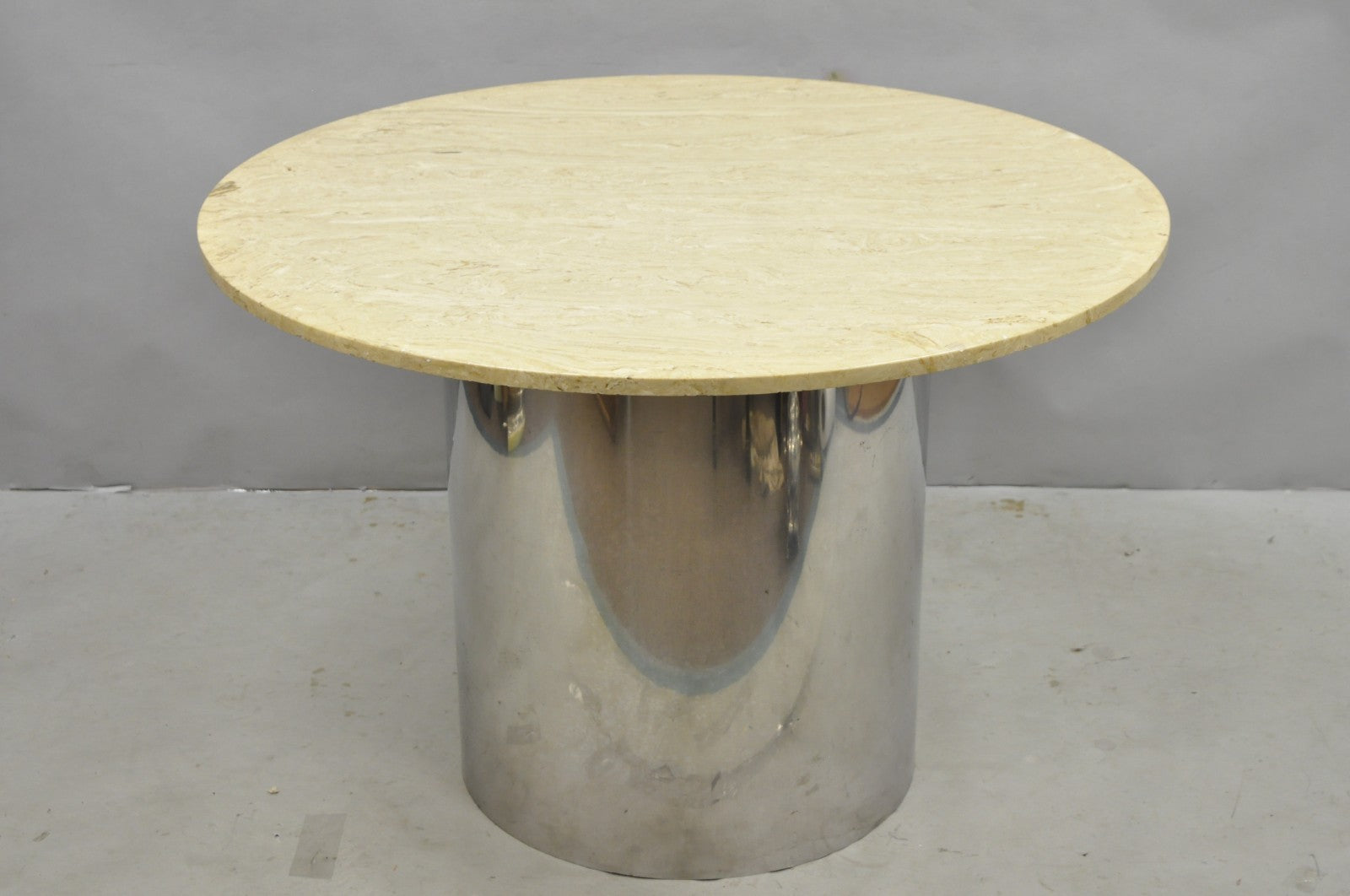 Vintage Mid Century Modern Round Travertine Chrome Steel Pedestal Dining Table