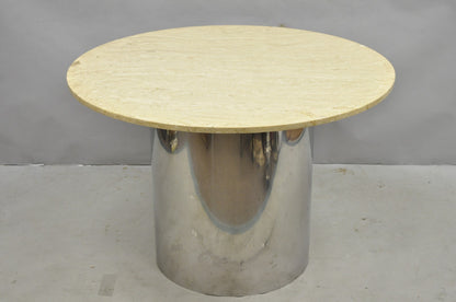 Vintage Mid Century Modern Round Travertine Chrome Steel Pedestal Dining Table