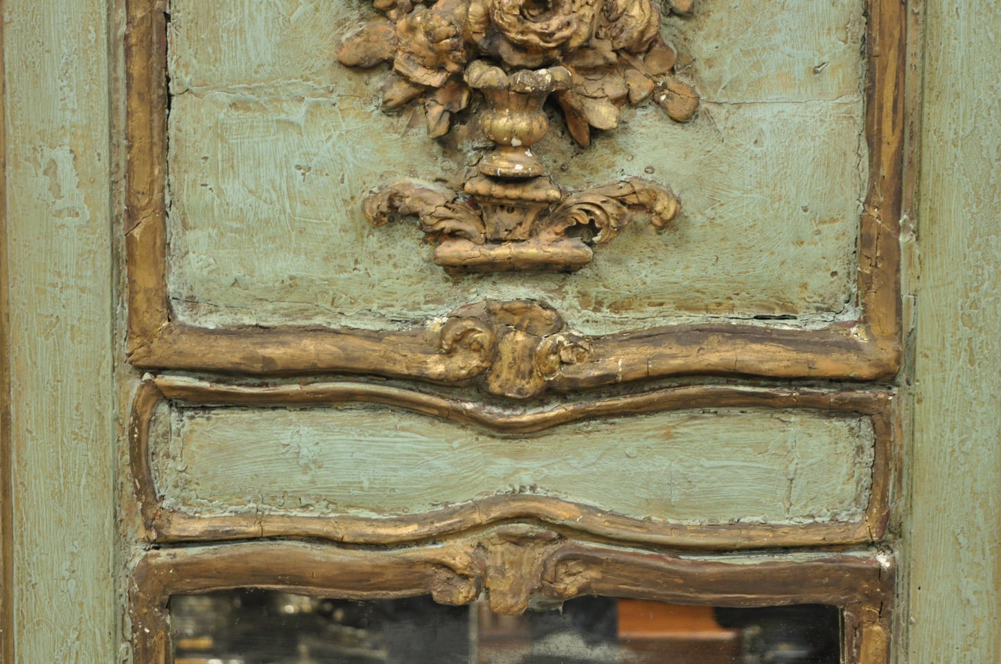18th C French Louis XV Baroque Style Green Distress Painted Trumeau Wall Mirror