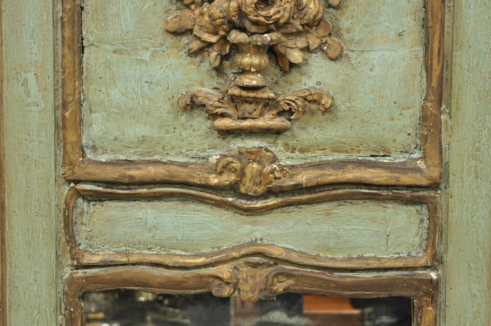 18th C French Louis XV Baroque Style Green Distress Painted Trumeau Wall Mirror