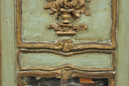 18th C French Louis XV Baroque Style Green Distress Painted Trumeau Wall Mirror