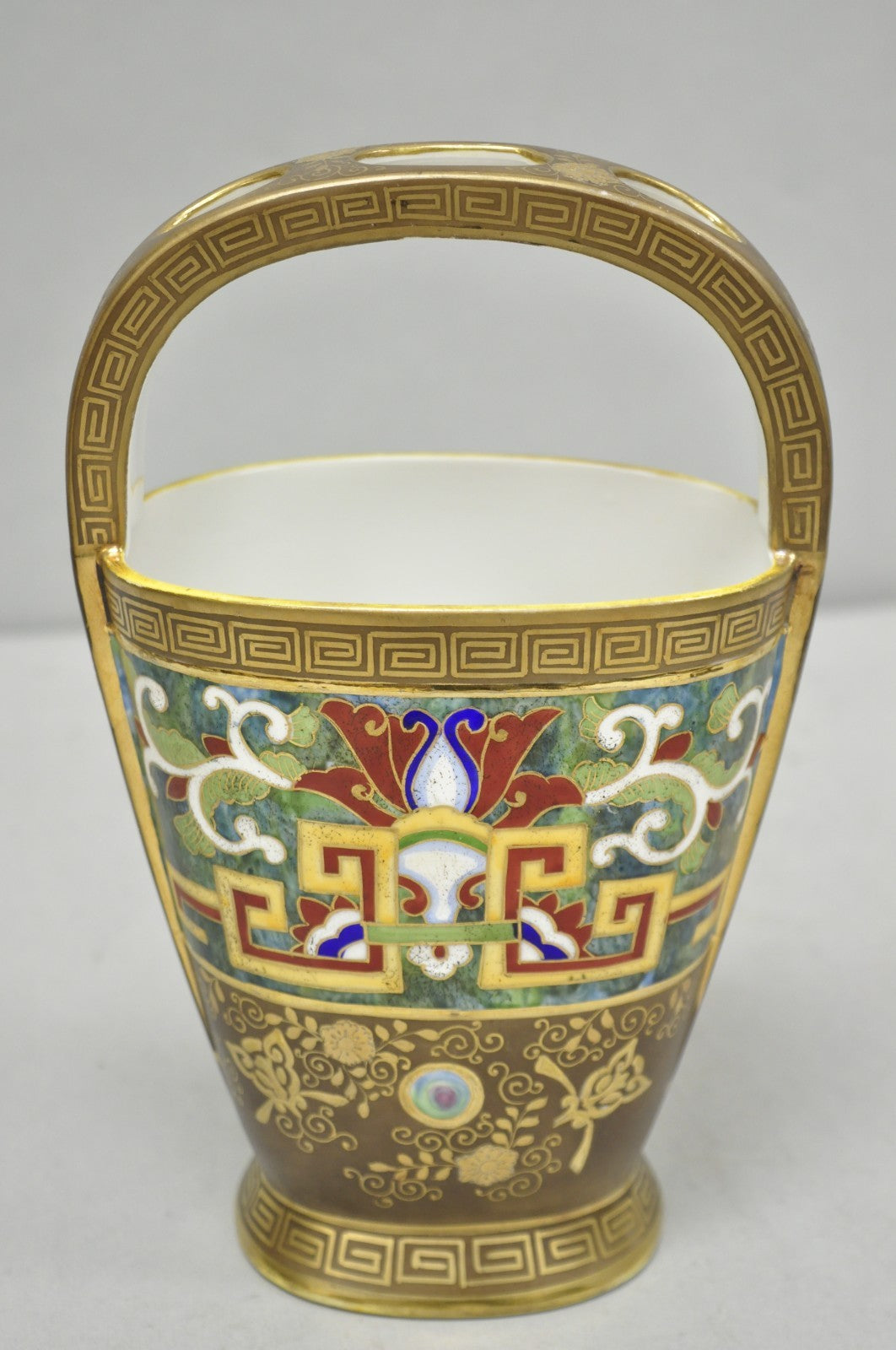 Antique Nippon Morimura Art Deco Hand Painted Porcelain Top Handle Bucket Vase