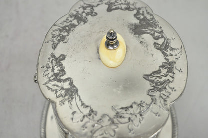 Antique Victorian Silver Plated Etched Footed Hinged Biscuit Barrel Jar on Stand