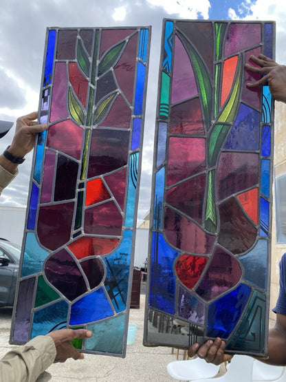 Vintage "Yo" & Door Art Deco Blue & Red Leaded Stained Glass Window 43x15 - 4 Pc