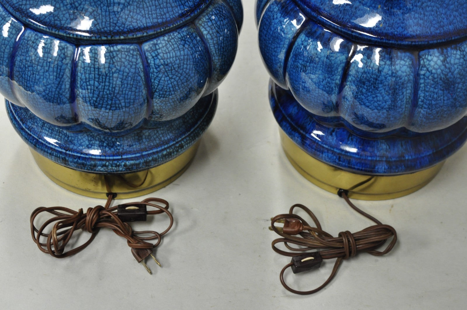 Stiffel Mid Century Modern Blue Crackle Glazed Ceramic Brass Table Lamps