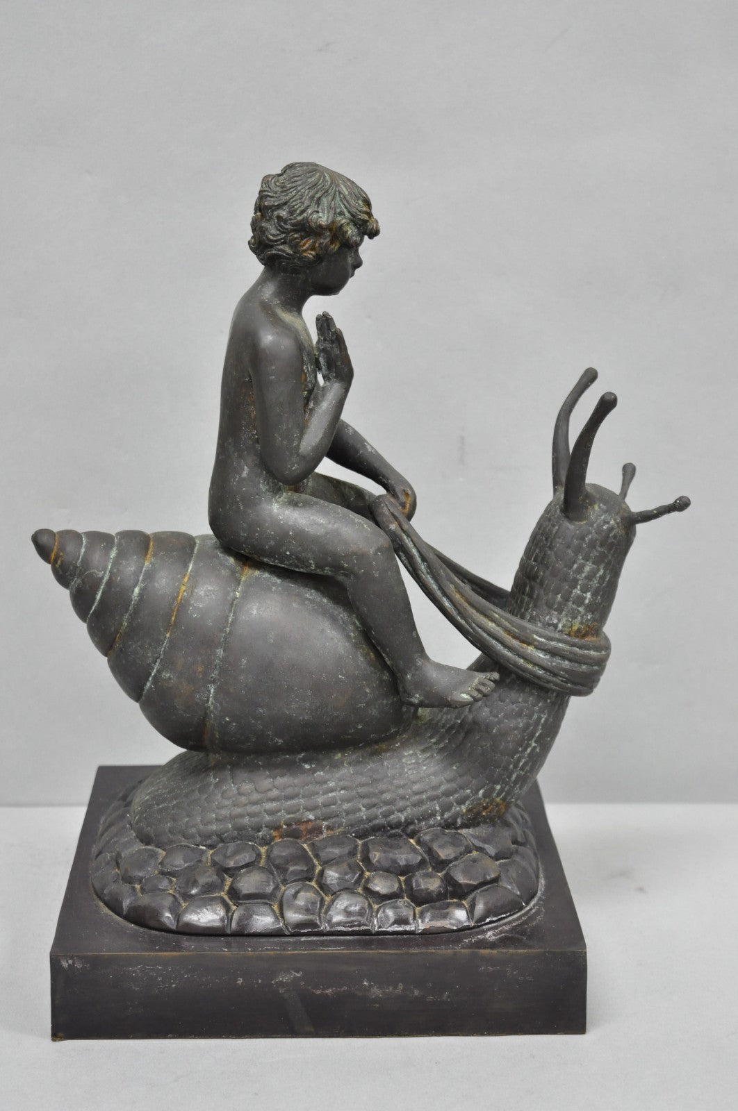 Vintage Mythical Bronze Cherub Riding Snail Sculpture Figure attr Maitland Smith
