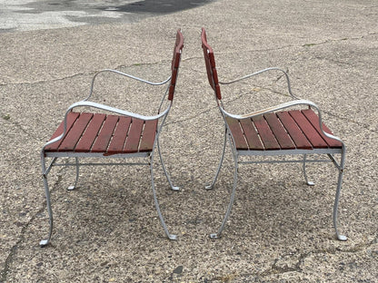 Vintage Wrought Iron Wood Slat French Style Garden Patio Outdoor Chairs - a Pair