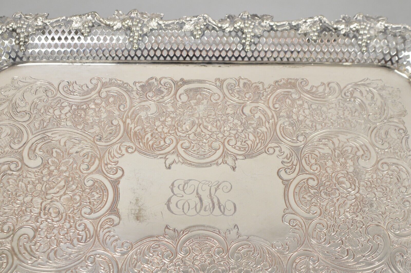 Antique Victorian Pierced Grapevine Basket Gallery Serving Platter Tray