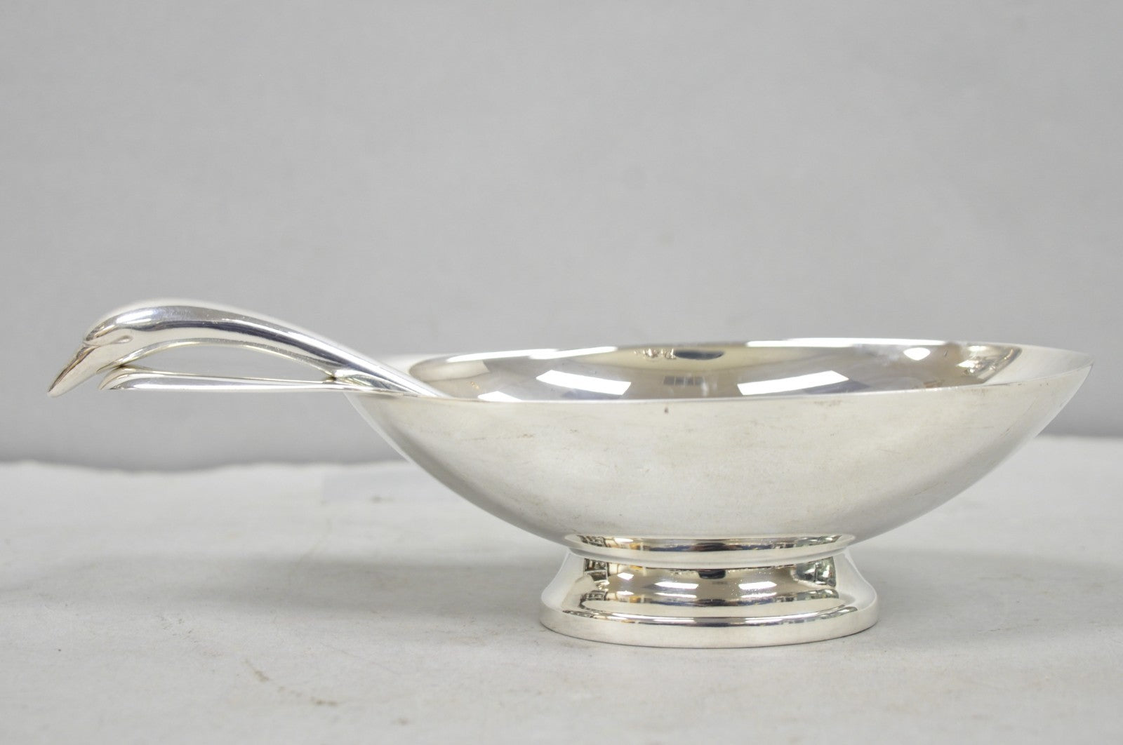 Christofle France Gallia Silver Plated Figural Gravy Sauce Boat w/ Swan Spoon