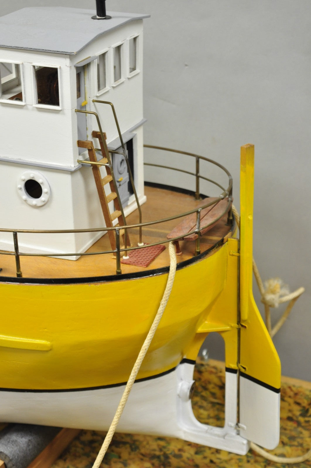 Large 48" Vintage Wooden Fishing Vessel Model Ship Yellow Hull South Korean Flag