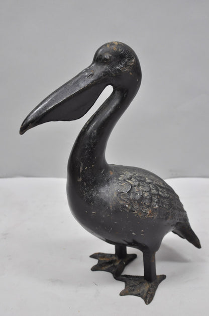 Vintage Japanese Cast Iron Black 17" Pelican Bird Garden Statue Sculpture