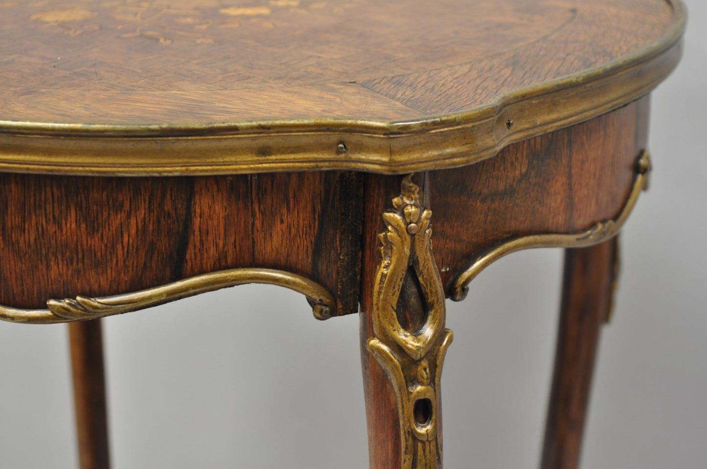 Antique French Louis XV Style Marquetry Inlay Bronze Ormolu Rosewood Side Table