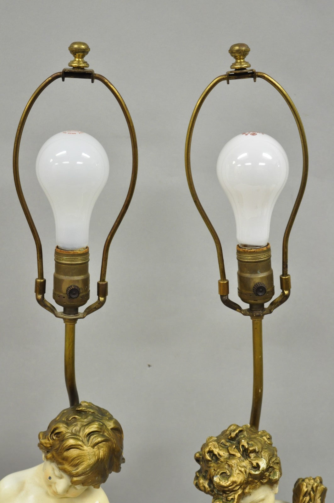 Antique French Moreau Figural Full Cherub Painted Metal Table Lamps - a Pair