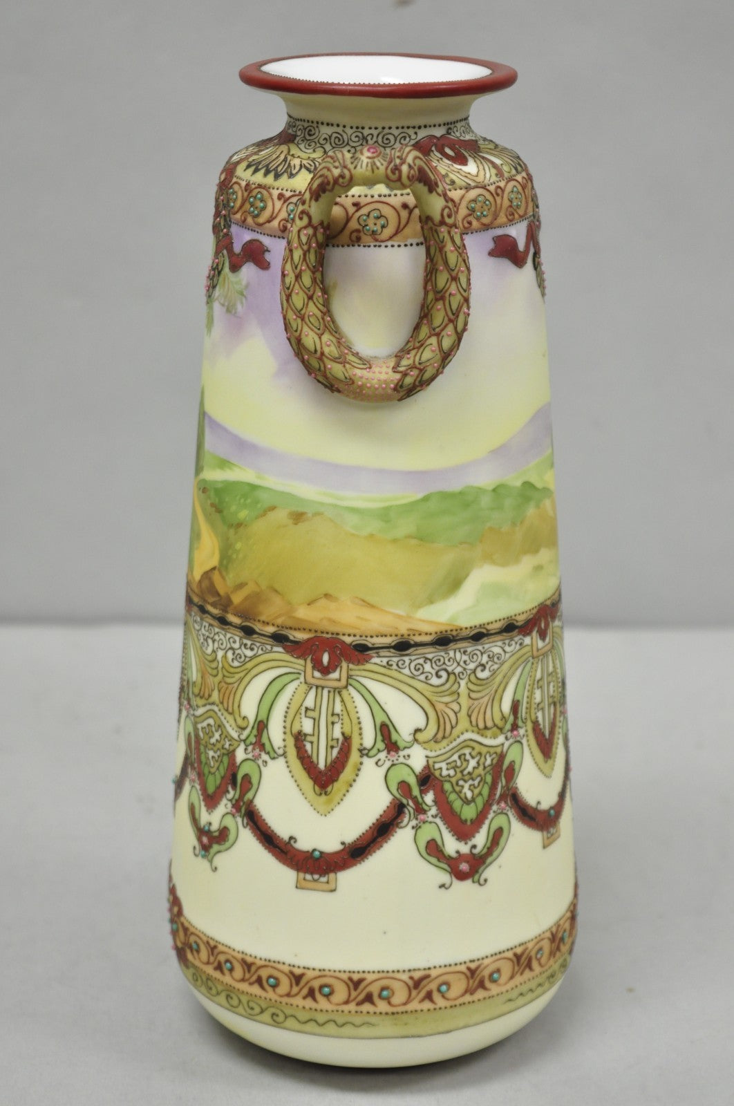 Antique Nippon Hand Painted Porcelain Countryside Moriage Tall Twin Handle Vase