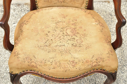 Vintage French Victorian Style Carved Mahogany Frame Lounge Parlor Arm Chair