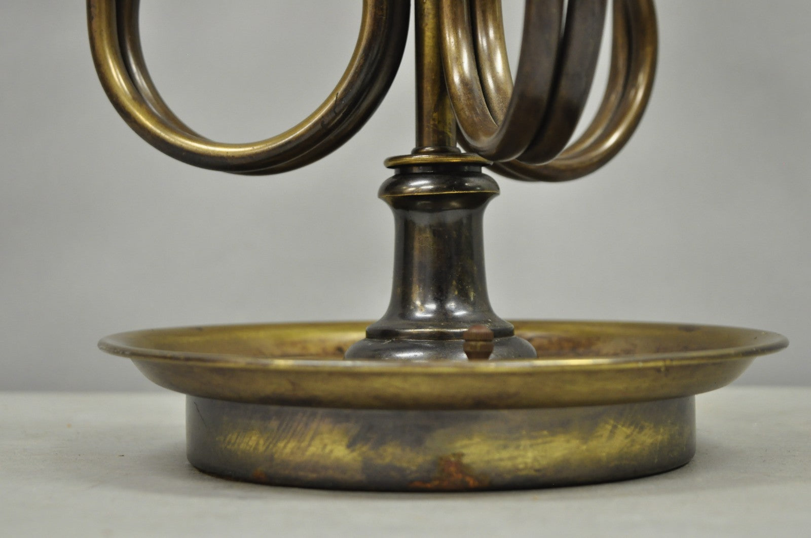 Frederick Cooper Brass Bouillotte Trumpet Arm Table Lamp w/ Green Tole Shade