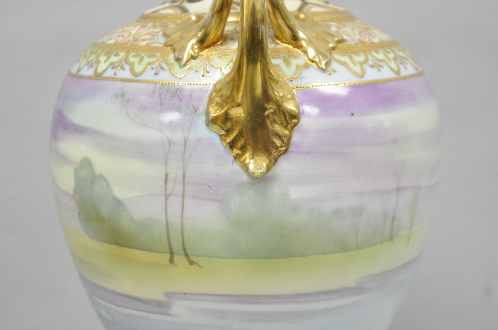Antique Nippon Hand Painted Cottage Lake Porcelain Twin Handle Bolted Urn Vase
