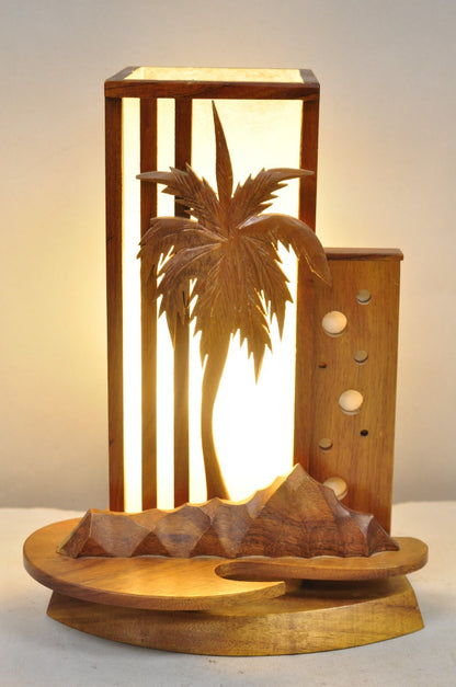 Vintage Mid Century Modern Carved Hawaiian Koa Wood Palm Tree Tiki Table Lamp