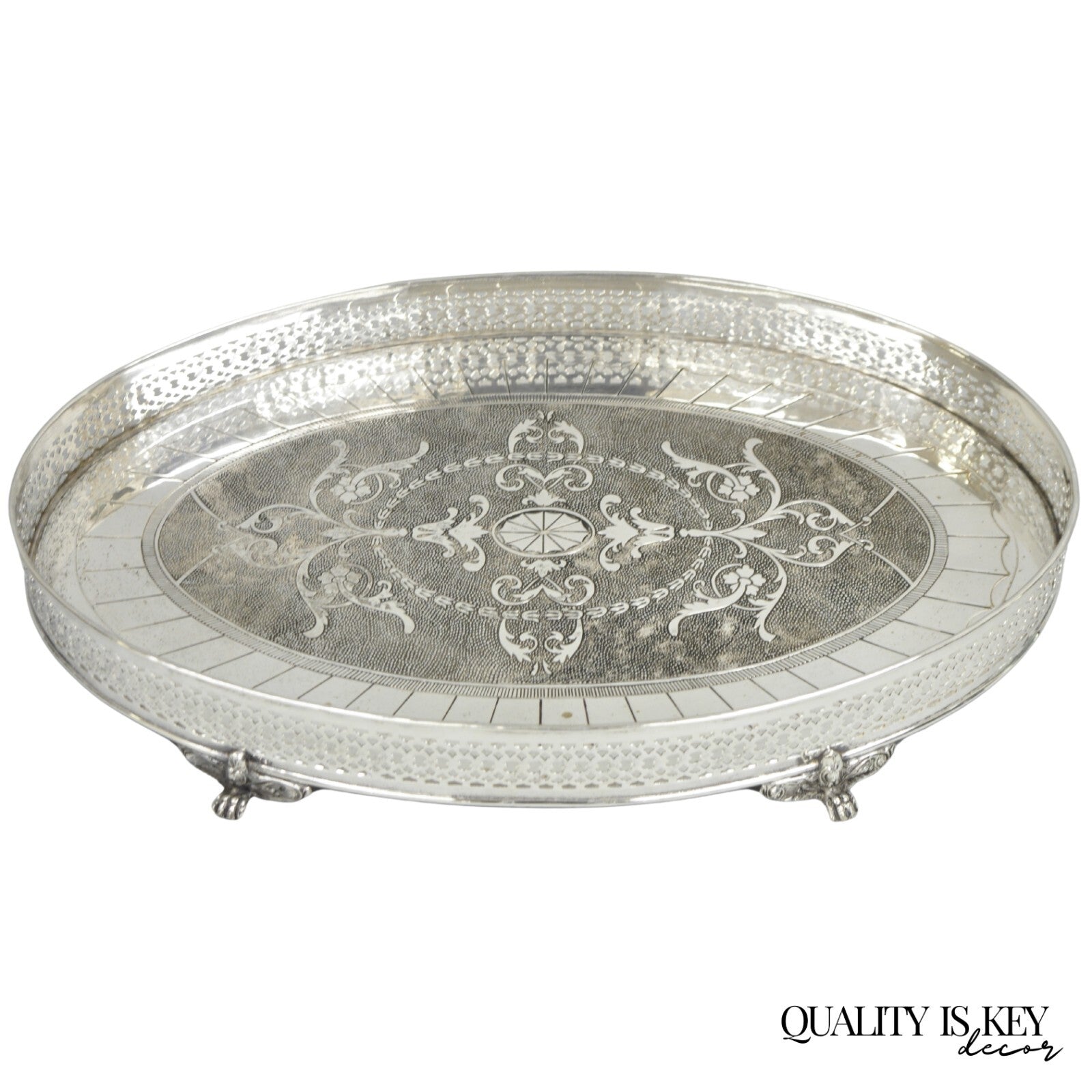 Vintage English Edwardian Style Oval Silver Plated Raised Gallery 21" Bar Tray