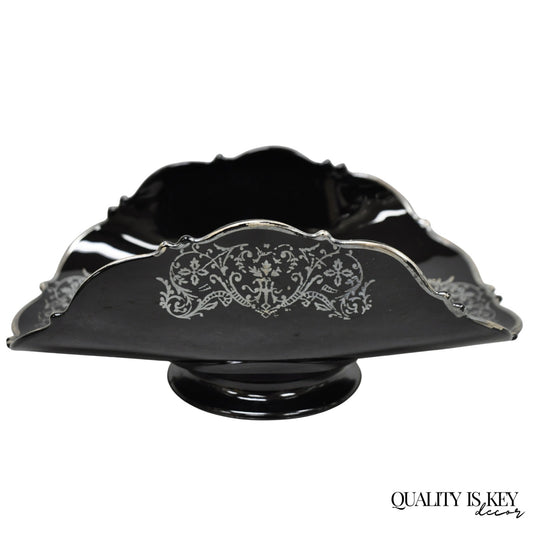 Vintage Rockwell Black Amethyst Glass Sterling Silver Overlay Centerpiece Dish