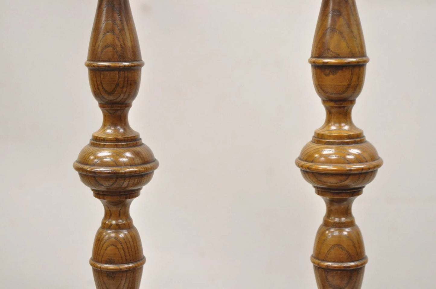 Vintage Italian Renaissance Jacobean Turn Carved Oak Wood 18.5" Candlestick Pair