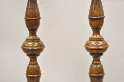 Vintage Italian Renaissance Jacobean Turn Carved Oak Wood 18.5" Candlestick Pair