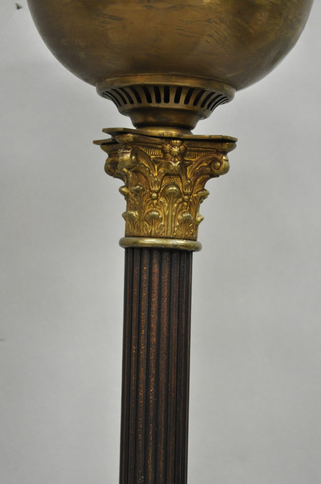 Antique French Empire Brass Converted Oil Lamp Mahogany Wood Column Table Lamp