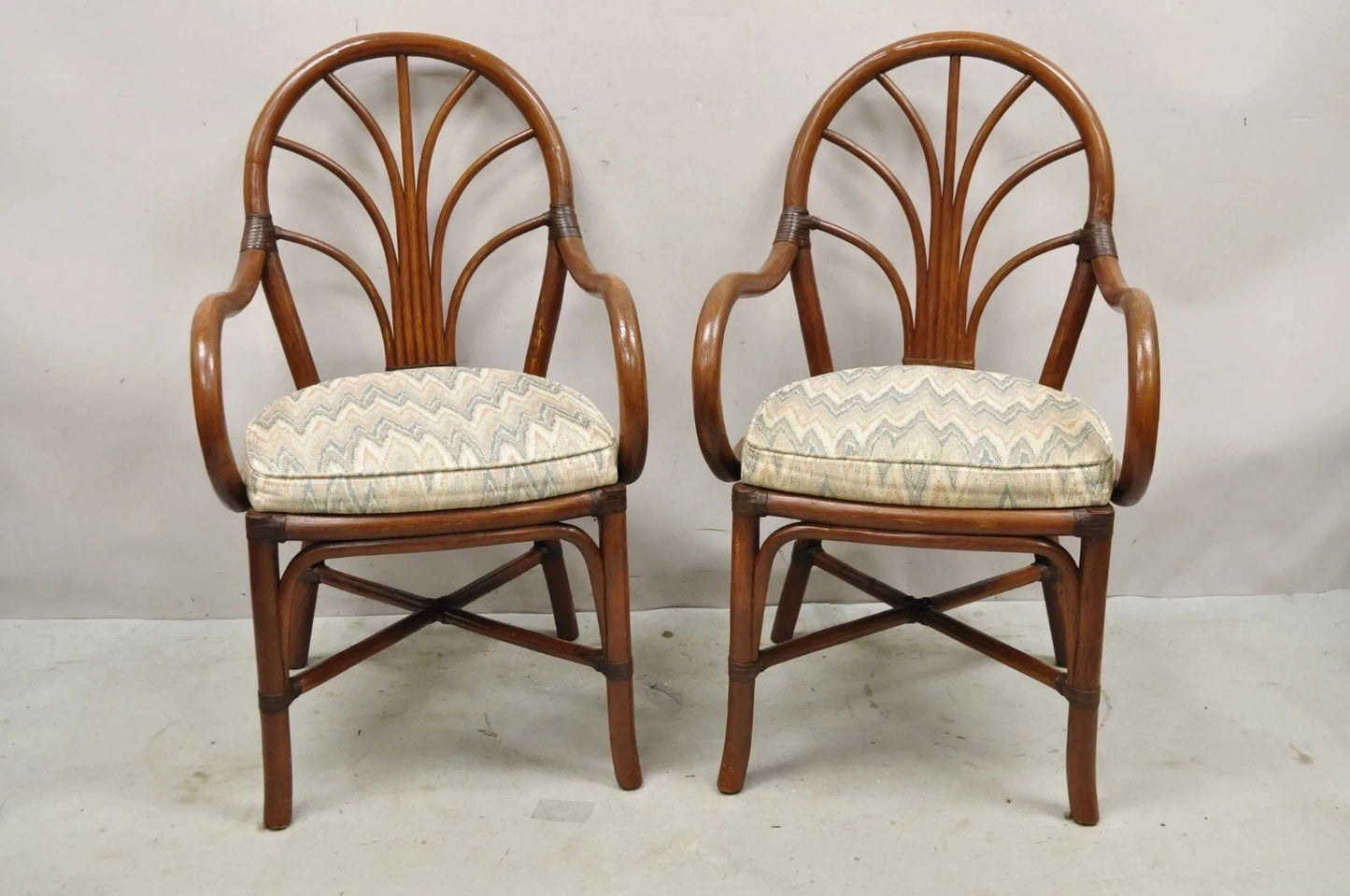 Vintage Hollywood Regency Bentwood Rattan Fan Back Dining Chairs - Set of 4