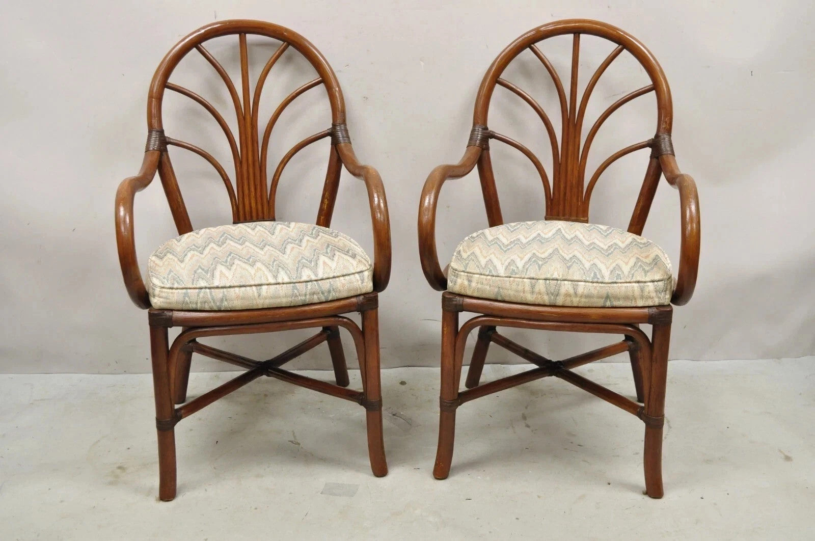 Vintage Hollywood Regency Bentwood Rattan Fan Back Dining Chairs - Set of 4