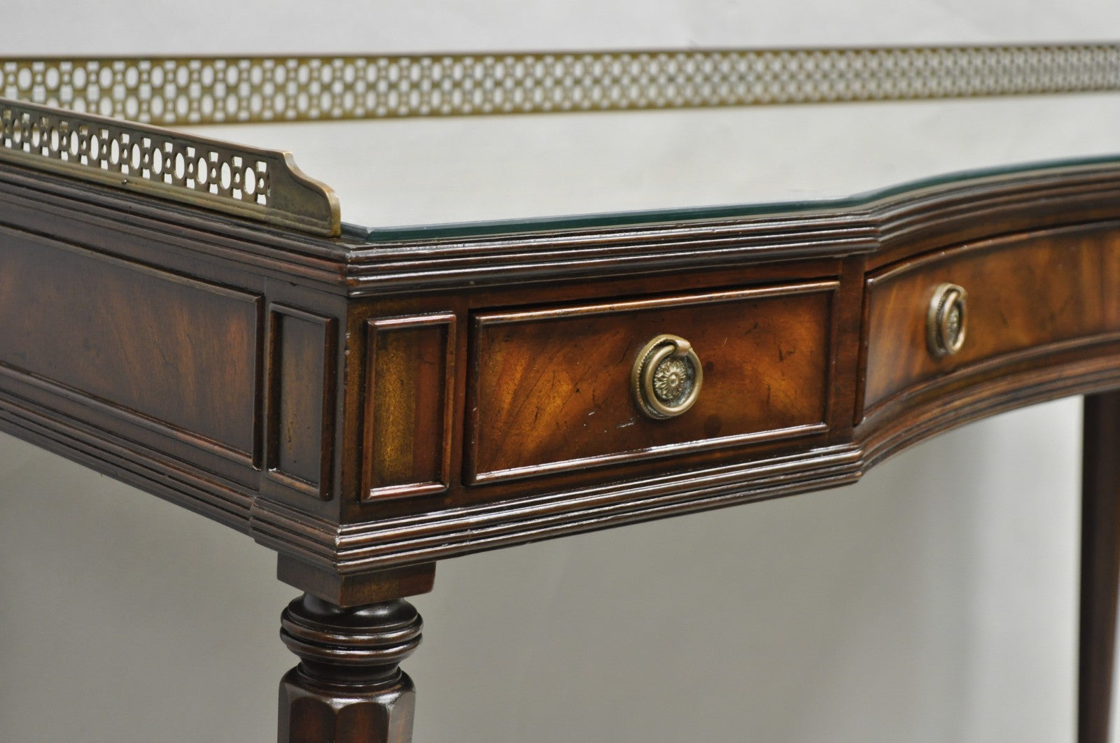 Maitland Smith Mahogany Regency Style 3 Drawer Writing Desk w/ Brass Gallery