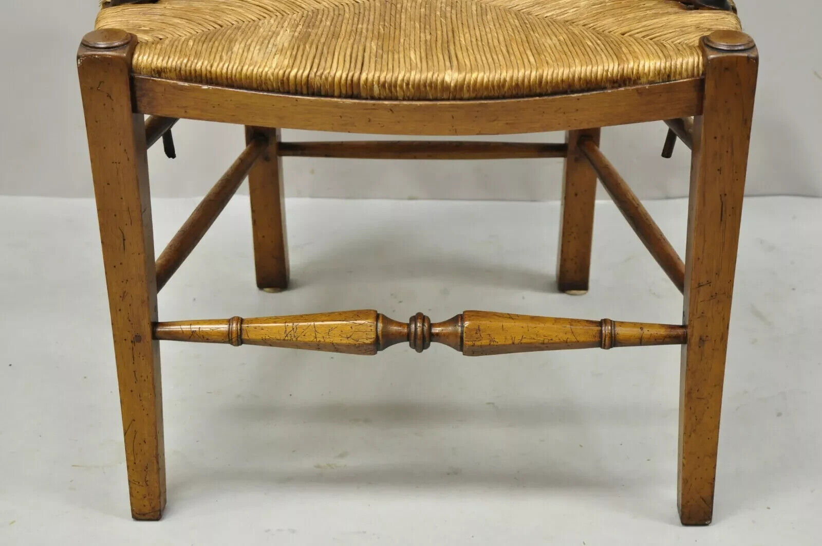 Vintage French Country Cherry Wood Italian Distressed Rush Seat Dining Arm Chair