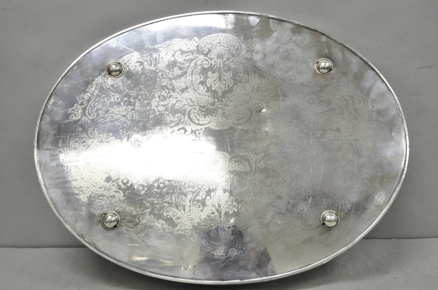 Vintage English Edwardian Silver Plated Oval Scalloped Gallery Bar Platter Tray