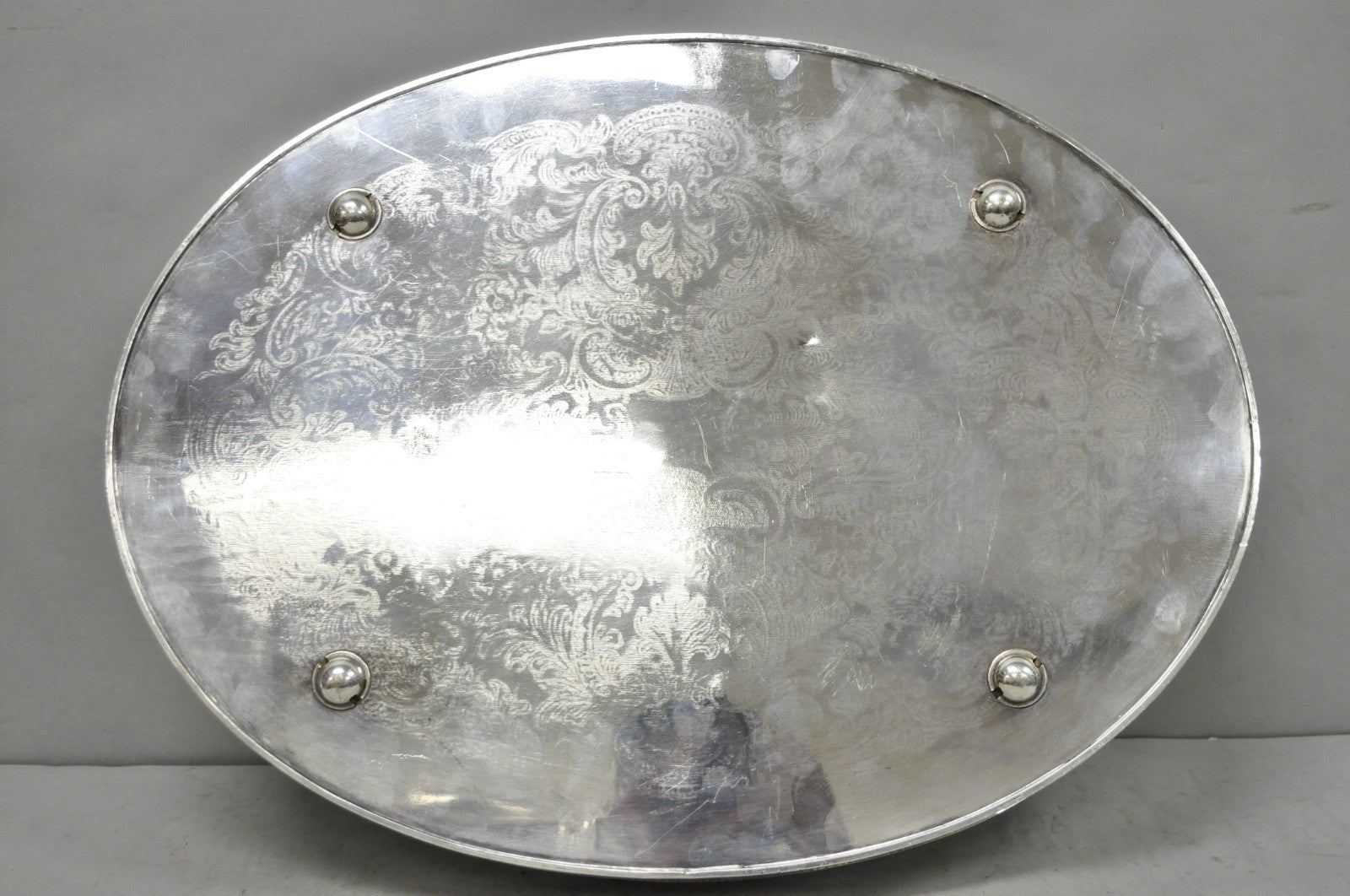 Vintage English Edwardian Silver Plated Oval Scalloped Gallery Bar Platter Tray