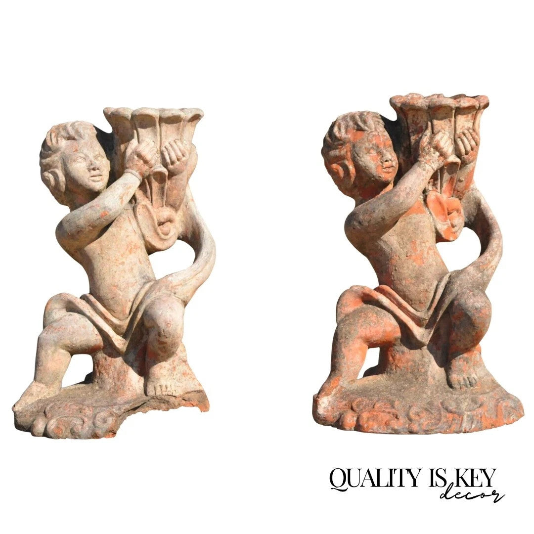Vintage Cast Terracotta Figural 28" Cherub Putti Garden Planter Pots - a Pair