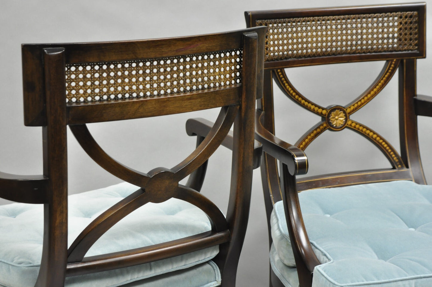Vintage English Regency Style Mahogany Saber Leg Cane Back Arm Chairs - a Pair