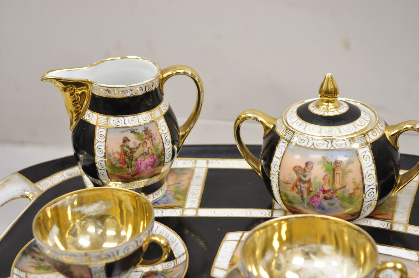 Royal Vienna Style Bohemia Czecho-Slovakia Black Porcelain Tea Set - 12 pcs