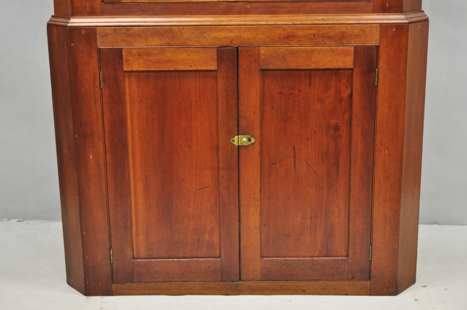 Antique Colonial Primitive Cherry Wood Glass Front Corner China Cabinet Cupboard