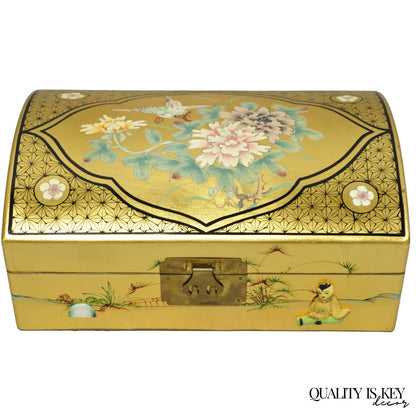 Vintage Chinese Oriental Gold Leaf Dome Lid Jewelry Box w/ Soapstone Figures