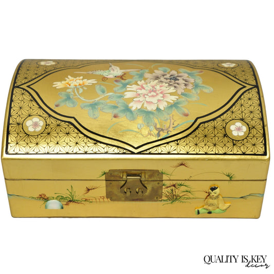 Vintage Chinese Oriental Gold Leaf Dome Lid Jewelry Box w/ Soapstone Figures